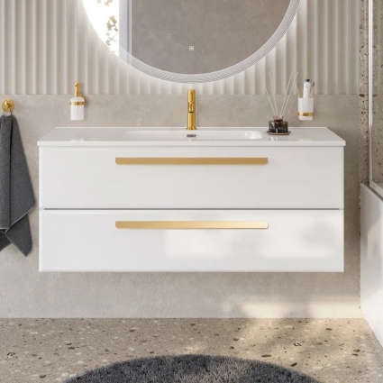 Тумба с раковиной Cezares Eco Cer-N 120, bianco lucido, раковина Duet 120, ручки сатиновое золото, подвесная, глянцевая