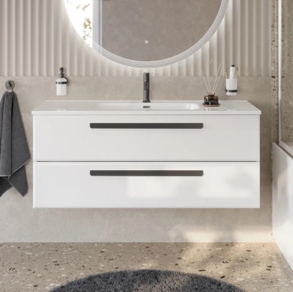 Тумба с раковиной Cezares Eco Cer-N 120, bianco lucido, раковина Duet 120, ручки черные матовые, подвесная, глянцевая
