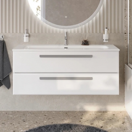 Тумба с раковиной Cezares Eco Cer-N 120, bianco lucido, раковина Eco 120, ручки серые, подвесная, глянцевая