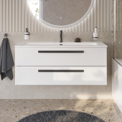 Тумба с раковиной Cezares Eco Cer-N 120, bianco lucido, раковина Eco 120, ручки матовые черные, подвесная, глянцевая