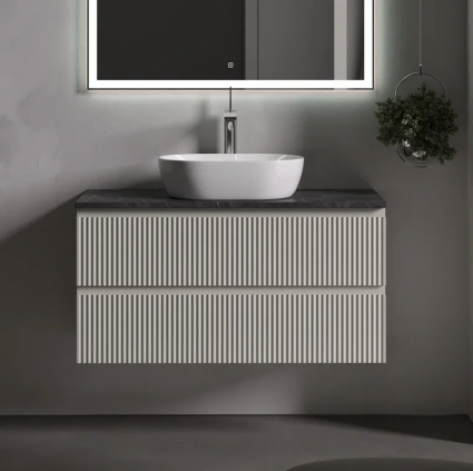 Тумба под раковину со столешницей Sancos Snob R 100 beige soft, столешница черный мрамор, с отв. под смеситель, подвесная, матовая