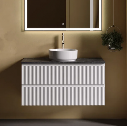Тумба под раковину со столешницей Sancos Snob R 100 bianco, столешница черный мрамор, с отв. под смеситель, подвесная, матовая