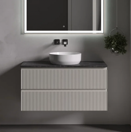 Тумба под раковину со столешницей Sancos Snob R 100 beige soft, столешница черный мрамор, подвесная, матовая