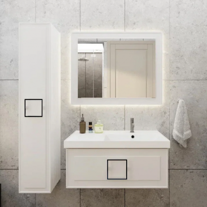 Мебель для ванной комнаты La Fenice Cubo 90 R, белая, ручка черная, подвесная, матовая