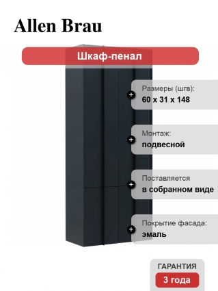 Шкаф пенал для ванной Allen Brau Reality 60 антрацит матовый подвесной, с дверками