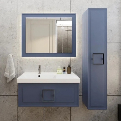 Мебель для ванной комнаты La Fenice Cubo 90 L, синяя, ручка черная, подвесная, матовая