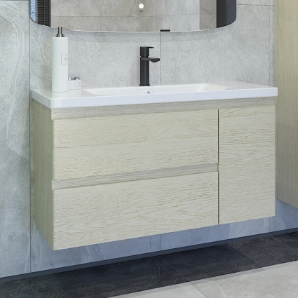 Тумба с раковиной Caprigo Forte 100 R, подвесная, беленый дуб, матовая, с доводчиками