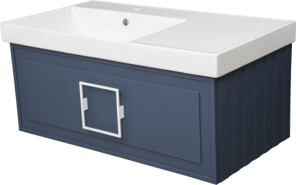 Тумба с раковиной La Fenice Cubo 90 L, синяя, ручка белая, подвесная, матовая
