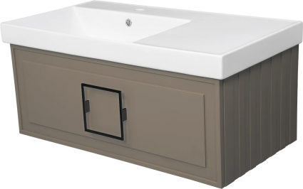Тумба с раковиной La Fenice Cubo 90 L, подвесная, cappuccino, ручка черная, раковина Cubo 90 L, матовая, с ящиками
