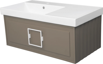 Тумба с раковиной La Fenice Cubo 90 L, подвесная, cappuccino, ручка белая, раковина Cubo 90 L, матовая, с ящиками