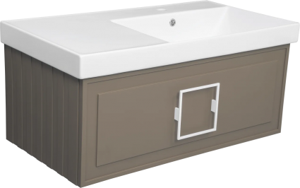 Тумба с раковиной La Fenice Cubo 90 R, подвесная, cappuccino, ручка белая, раковина Cubo 90 R, матовая, с ящиками