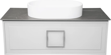 Тумба с раковиной La Fenice Cubo 100, подвесная, bianco, ручка хром, столешница черный мрамор, раковина матовая белая, с ящиками, с доводчиками