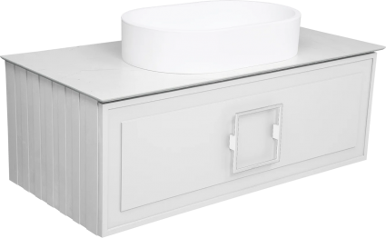Тумба с раковиной La Fenice Cubo 100, подвесная, bianco, ручка белая, столешница белый мрамор, раковина матовая белая, с ящиками, с доводчиками