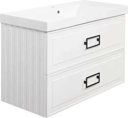 Тумба с раковиной La Fenice Cubo Twin 100, подвесная, bianco, ручки черные, раковина Cubo 100, матовая, с ящиками