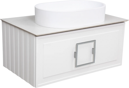 Тумба с раковиной La Fenice Cubo 80, подвесная, bianco, ручка хром, столешница белый мрамор, раковина белая матовая, с ящиками, с доводчиками