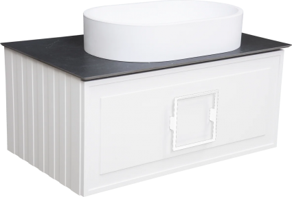 Тумба с раковиной La Fenice Cubo 80, подвесная, bianco, ручка белая, столешница черный мрамор, раковина матовая белая, с ящиками, с доводчиками