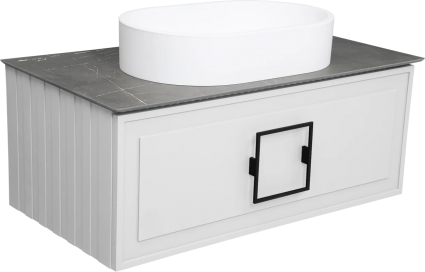 Тумба с раковиной La Fenice Cubo 90, подвесная, bianco, ручка черная, столешница черный мрамор, раковина матовая белая, с ящиками, с доводчиками
