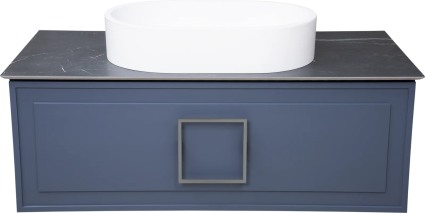 Тумба с раковиной La Fenice Cubo 100, подвесная, blu grigio, ручка хром, столешница черный мрамор, раковина белая матовая, с ящиками, с доводчиками