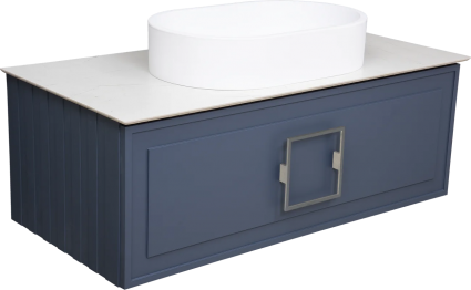 Тумба с раковиной La Fenice Cubo 100, подвесная, blu grigio, ручка хром, столешница белый мрамор, раковина матовая белая, с ящиками, с доводчиками