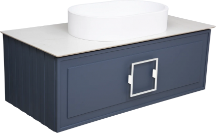 Тумба с раковиной La Fenice Cubo 100, подвесная, blu grigio, ручка белая, столешница белый мрамор, раковина матовая белая, с ящиками, с доводчиками