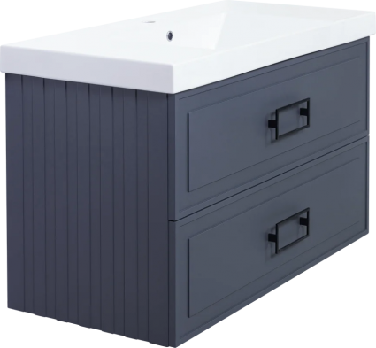 Тумба с раковиной La Fenice Cubo Twin 100, подвесная, blu grigio, ручки черные, раковина Cubo 100, матовая, с ящиками