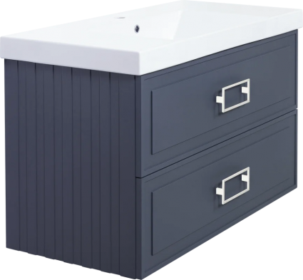 Тумба с раковиной La Fenice Cubo Twin 100, подвесная, blu grigio, ручки белые, раковина Cubo 100, матовая, с ящиками