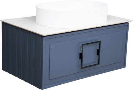 Тумба с раковиной La Fenice Cubo 80, подвесная, blu grigio, ручка черная, столешница белый мрамор, раковина матовая белая, с ящиками, с доводчиками
