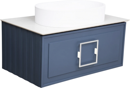 Тумба с раковиной La Fenice Cubo 80, подвесная, blu grigio, ручка белая, столешница белый мрамор, раковина матовая белая, с ящиками, с доводчиками