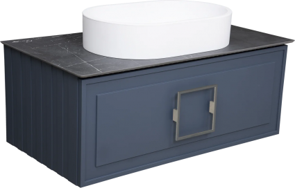 Тумба с раковиной La Fenice Cubo 90, подвесная, blu grigio, ручка хром, столешница черный мрамор, раковина белая матовая, с ящиками, с доводчиками