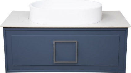 Тумба с раковиной La Fenice Cubo 90, подвесная, blu grigio, ручка хром, столешница белый мрамор, раковина белая матовая, с ящиками, с доводчиками