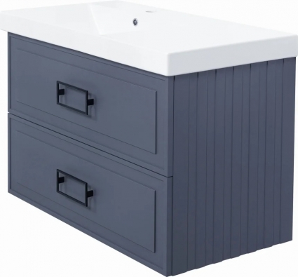 Тумба с раковиной La Fenice Cubo Twin 90 L, подвесная, blu grigio, ручки черные, раковина Cubo 90 L, матовая, с ящиками