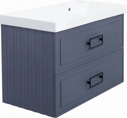 Тумба с раковиной La Fenice Cubo Twin 90 R, подвесная, blu grigio, ручки черные, раковина Cubo 90 R, матовая, с ящиками