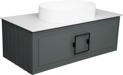 Тумба с раковиной La Fenice Cubo 100, подвесная, grigio, ручка черная, столешница белый мрамор, раковина белая матовая, с ящиками, с доводчиками