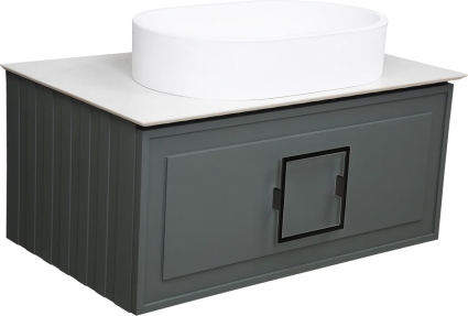 Тумба с раковиной La Fenice Cubo 80, подвесная, grigio, ручка черная, столешница белый мрамор, раковина белая матовая, с ящиками, с доводчиками