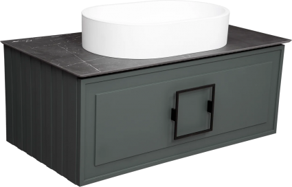 Тумба с раковиной La Fenice Cubo 90, подвесная, grigio, ручка черная, столешница черный мрамор, раковина белая матовая, с ящиками, с доводчиками