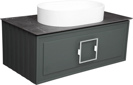 Тумба с раковиной La Fenice Cubo 90, подвесная, grigio, ручка белая, столешница черный мрамор, раковина белая матовая, с ящиками, с доводчиками