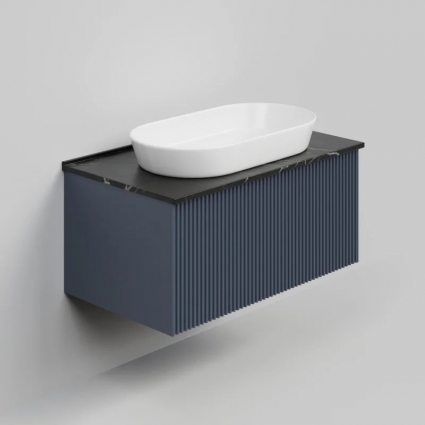 Тумба с раковиной La Fenice Terra 80, подвесная, blu grigio, столешница черный мрамор, раковина белая матовая, с ящиками, с доводчиками