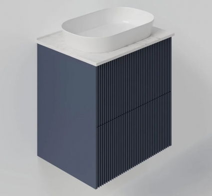 Тумба под раковину со столешницей La Fenice Terra Twin Blu Grigio 60 подвесная, синяя матовая, столешница белый мрамор, с доводчиками