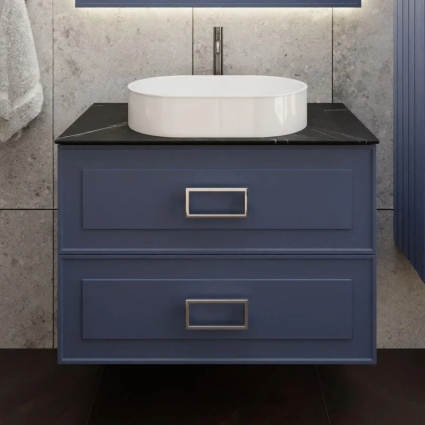 Тумба под раковину со столешницей La Fenice Cubo Twin Blu Grigio 100, подвесная, синяя матовая, столешница черный мрамор, с ящиками, с доводчиками