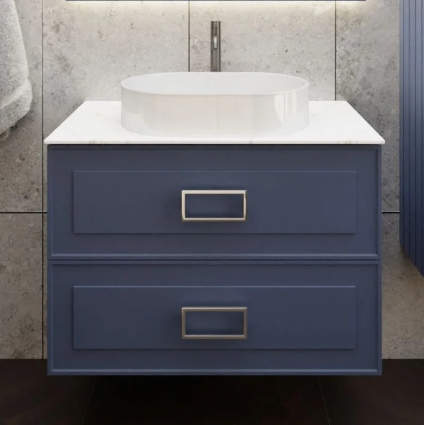 Тумба под раковину со столешницей La Fenice Cubo Twin Blu Grigio 100, подвесная, синяя матовая, столешница белый мрамор, с ящиками, с доводчиками