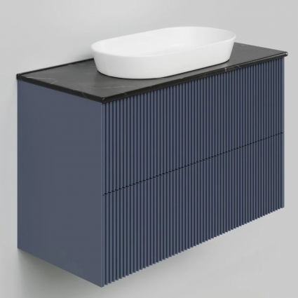 Тумба под раковину со столешницей La Fenice Terra Twin Blu Grigio 100 подвесная, синяя матовая, столешница черный мрамор, с доводчиками