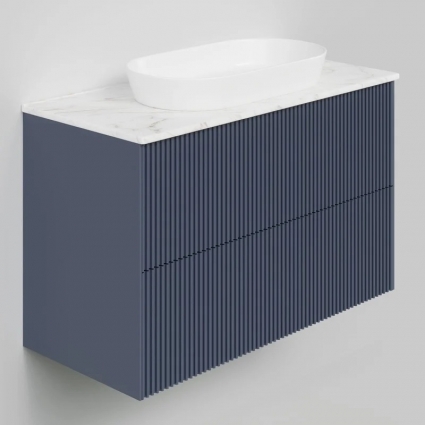 Тумба под раковину со столешницей La Fenice Terra Twin Blu Grigio 100 подвесная, синяя матовая, столешница белый мрамор, с доводчиками