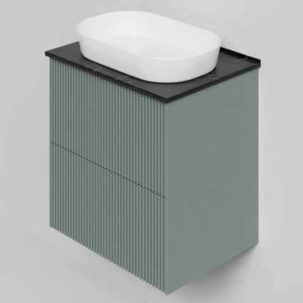 Тумба под раковину со столешницей La Fenice Terra Twin 60 подвесная, grigio, серо-зеленая матовая, столешница черный мрамор, с доводчиками