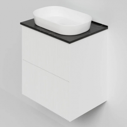 Тумба под раковину со столешницей La Fenice Terra Twin 60 подвесная, bianco, белая матовая, столешница черный мрамор, с доводчиками
