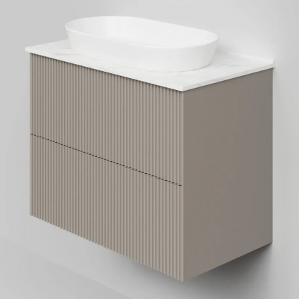 Тумба под раковину со столешницей La Fenice Terra Twin 80 подвесная, cappuccino, бежевая матовая, столешница белый мрамор, с доводчиками