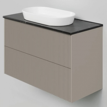 Тумба под раковину со столешницей La Fenice Terra Twin 100 подвесная, cappuccino, бежевая матовая, столешница черный мрамор, с доводчиками