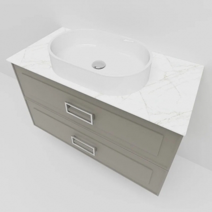 Тумба под раковину со столешницей La Fenice Cubo Twin 90, подвесная, cappuccino, бежевая матовая, столешница белый мрамор, с ящиками, с доводчиками