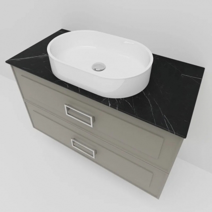 Тумба под раковину со столешницей La Fenice Cubo Twin 80, подвесная, cappuccino, бежевая матовая, столешница черный мрамор, с ящиками, с доводчиками