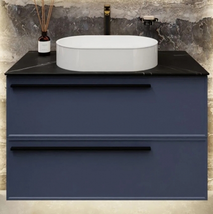 Тумба под раковину со столешницей La Fenice Elba Twin Blu Grigio 100 подвесная, cappuccino, синяя матовая, столешница черный мрамор, с доводчиками