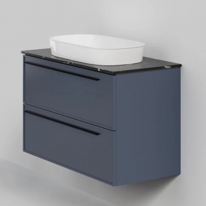 Тумба с раковиной La Fenice Elba Twin 100, подвесная, blu grigio, столешница черный мрамор, раковина белая матовая, с доводчиками